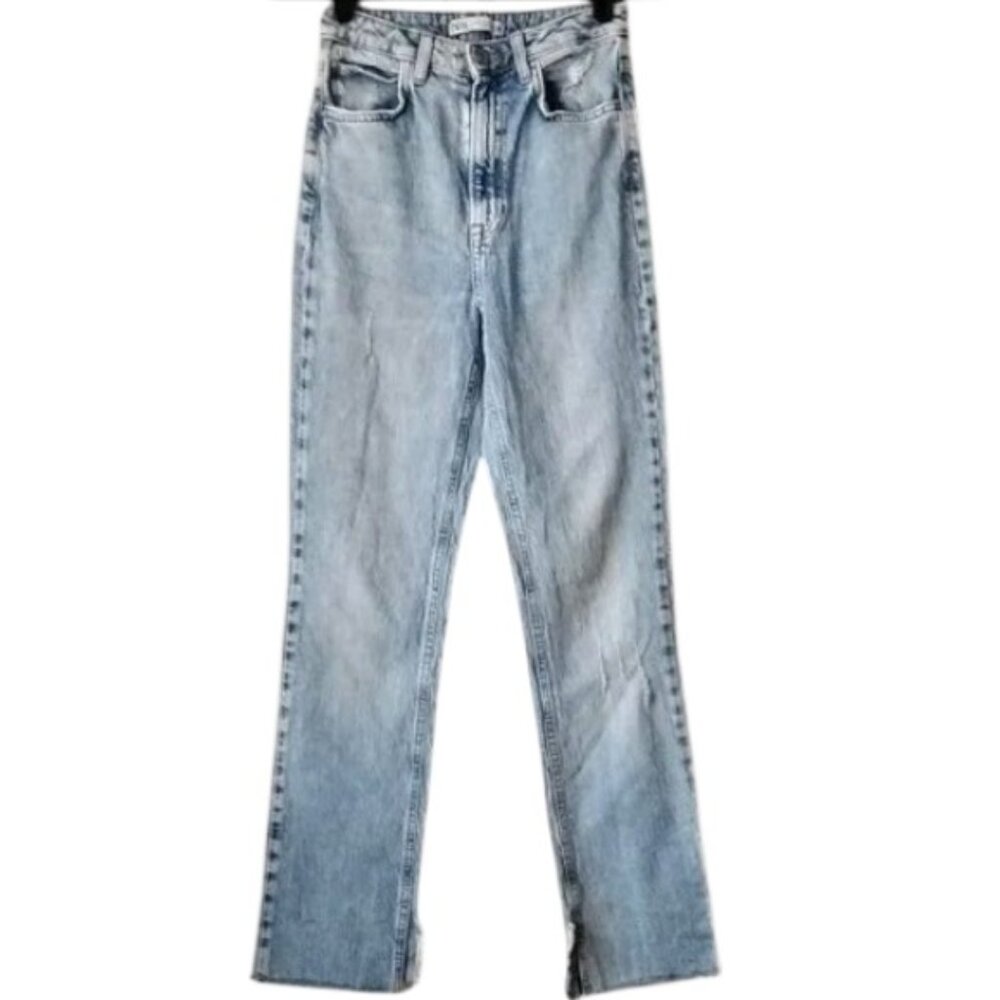 Zara High Waist Skinny Straight Raw Split Hem Jeans 4 Light Wash 25x30